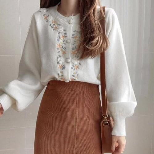 New Flower Embroidery Knitted Cardigans Korean Chic Single Breasted Long Sleeve Sweaters Sweet O Neck Soft Coats