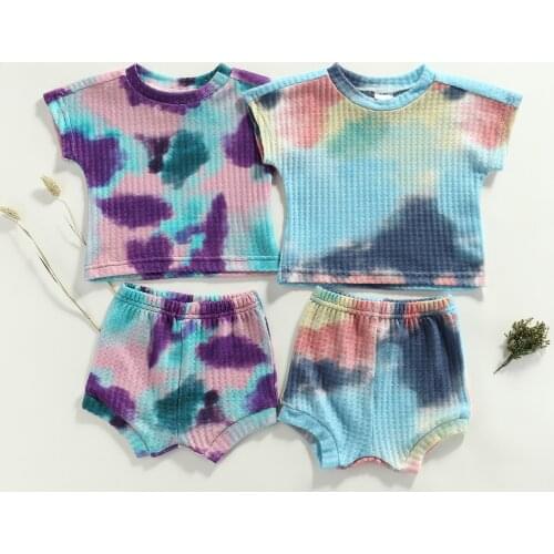 FOCUSNORM 2 Colors Summer Causal Baby Boys Girls Clothes Sets Tie-Dye Printed Short Sleeve Pullover T Shirts Elastic Shorts