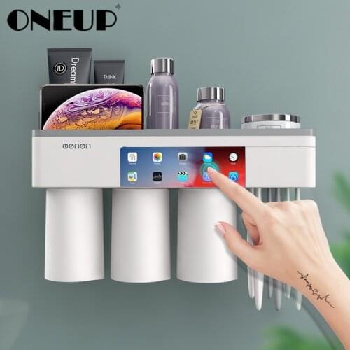 Magnetic Adsorption Inverted Toothbrush Holder With Toothpaste Squeezer With Cups Bathroom Storage Rack Bathroom Accessories Set