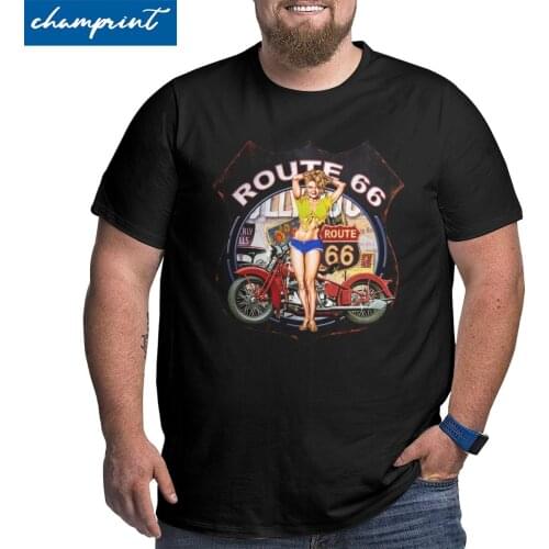 Vintage Route 66 Motorcycle Pinup T-Shirt Men Mother Road Retro Oldschool T Shirt Big Tall Tees Large 4XL 5XL 6XL Clothing