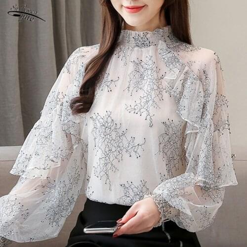 New style retro blouse women fashion blouse see-through lace printing blouse women all-match ruffled chiffon blouse 2551