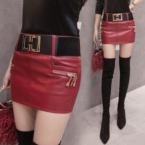 2020 new autumn and winter fashion temperament mini skirt red pu leather bag hip anti-glare sexy slim mini skirt DQ1207
