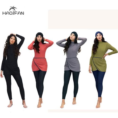 HAOFAN 2020 New Muslim Womens Swimsuit Solid Color Patchwork Turban Long Sleeve Sports Swimsuit 3 Piece Islamic Bugini Swimsuit