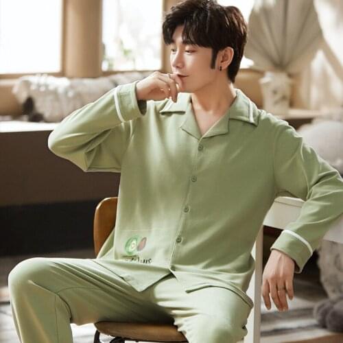 Winter Mens Pajamas Set Loose Large Size Casual Homewear Cotton Pajamas For Big Boys Simple Green Avocado Print Male Sleepwear