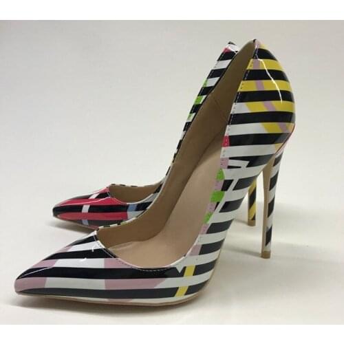 Stripe Colorful PU leather Women Shoes 12cm High Heel Party Ladies Pointed Toe Shallow Wedding Party Club shoes QP088 CHENSIR9