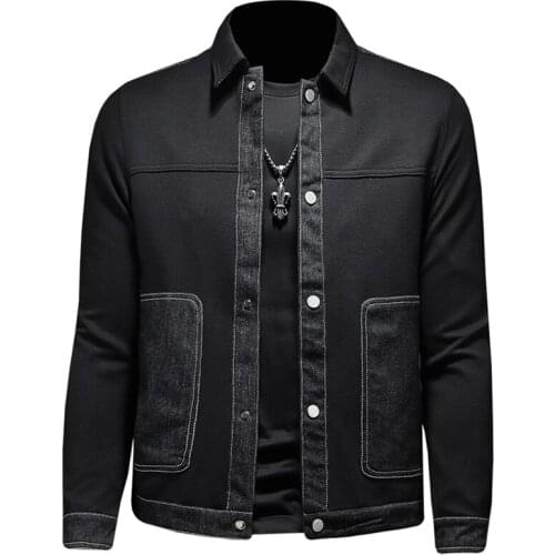 Casual jacket mens autumn 2021 denim stitching mens knitted lapel coat mens high-quality urban pocket fashion mens clothing