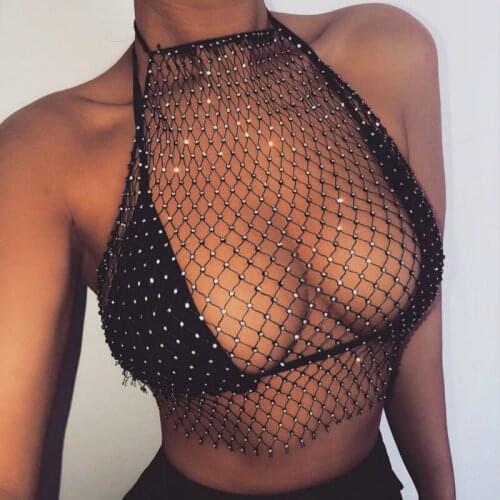 Crystal Sexy See Through Camis White Fishnet Mesh Tank Top Black Halter Crop Top Sheer Tops Party Nightclub Wear Beach Cover Up