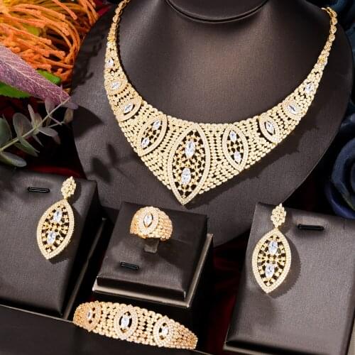 KellyBola Luxury Sparkling Zircon Gold Necklace 4PCS Dubai Jewelry Sets Womens Wedding Banquet Fashion High Quality Accessories
