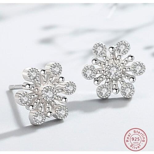 Christmas Gifts Snowflake Cz Piercing 925 Sterling Silver Jewelry Flower Earrings Women Stud Earrings Small Silver S925 Earring