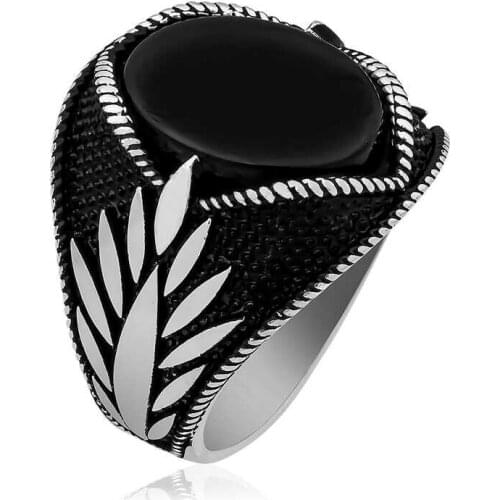 Silverlina Silver Onyx Stone Embroidered Men 'S Ring