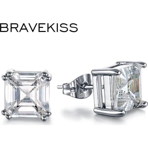 BRAVEKISS 8mm 2.5 Carat Asscher Cut CZ White Gold Color Cubic Zirconia Post Stud Earrings Set Fashion Jewelry for Women BUE0187B