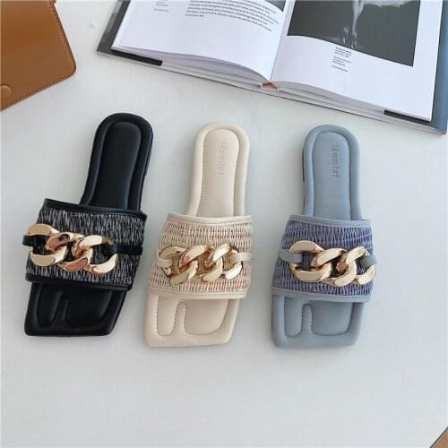 2021 New Summer Women Slipper Square Toe Flat Heel Slides Fashion Brand Chain Beach Flip Flops Casual Ladies Home Slipper Sand