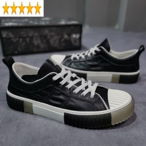 Cowhide White Classic Casual Black Men Summer Fashion Breathable Lace Up Flat Genuine Leather Sneakers Mens Active Shoes