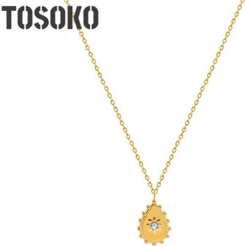 TOSOKO Stainless Steel Jewelry Water Drop Octagonal Zircon Necklace For Womens Christmas Clavicle Chain BSP870