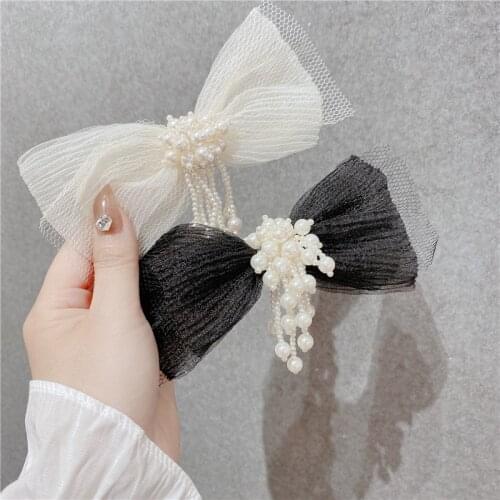 Korean Fabric Bow Hair Clips for Women Girls Pearl Tassel Chain Hairpins Hairgrip Headdress Fashion Jewelry Hair Accessories