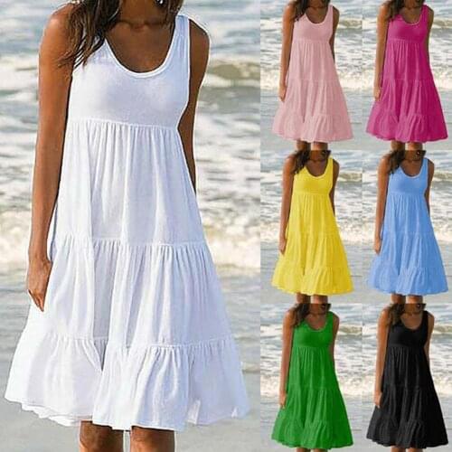 2021 Sleeveless Party Beach Dress For Women Plus Size Women Solid Color Sleeveless O Neck Stitching Pleated Loose A-line Dress