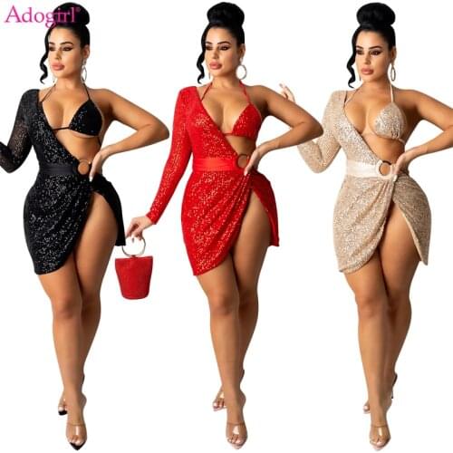 Adogirl Women Sexy Sequins Mini Club Party Dress Lace Up Halter Bra One Shoulder Long Sleeve Metal Ring Christmas Vestidos