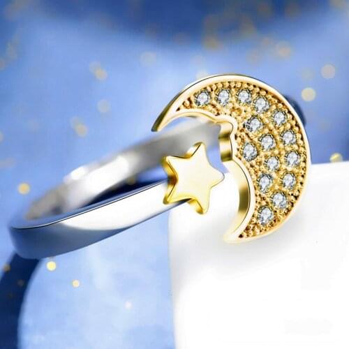 Retro Gold Silver Color Wedding Ring Luxury Female Star Moon Opening Rings For Women Vintage Bride White Crystal Engagement Ring