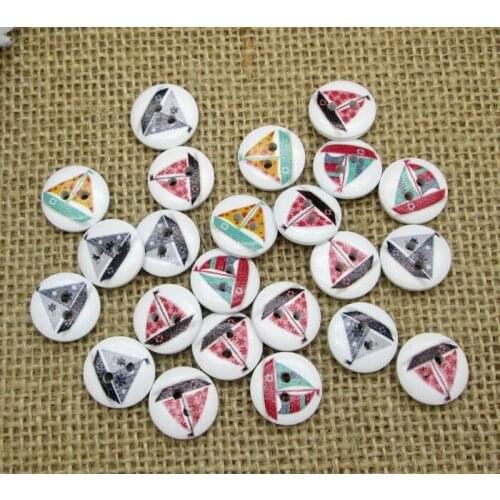 100pcs Fashion 15mm Mixed Color Round sailboat Pattern Wooden Buttons For Clothes Crafts Sewing Scrapbooking DIY Accessories