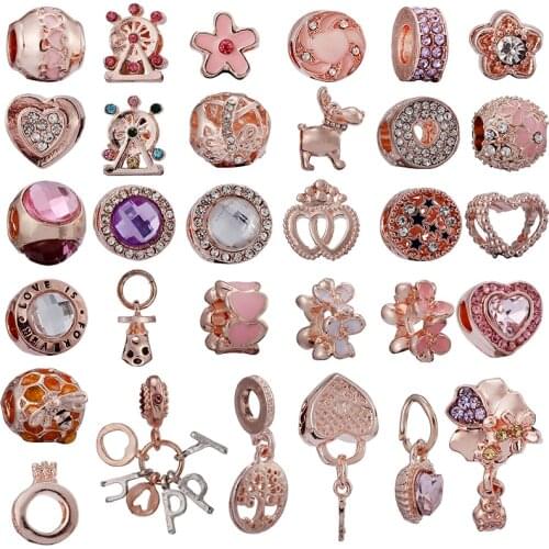 2Pcs/Lot Rose Gold Ferris Wheel Deer Flower Beads Pendant Diy Fine Bracelet Necklace Brand Bracelet Woens Fashion Jewelry Making