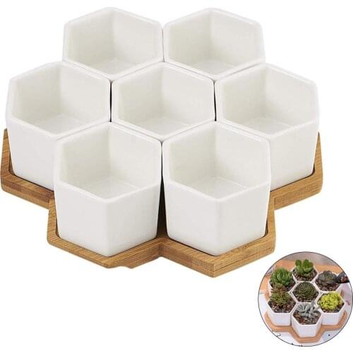 7 Pack White Ceramic Small Hexagonal Succulent Cactus Flower Plant Pot With Tray for Planter Pots Indoor