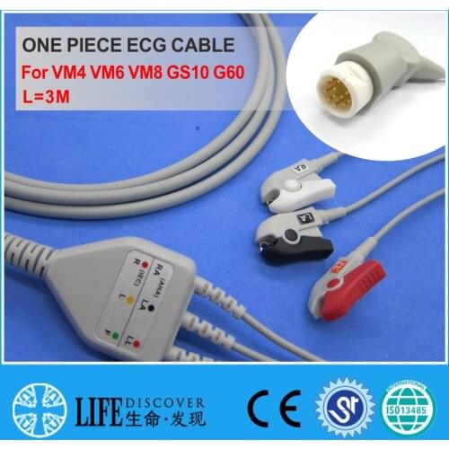 ECG CABLE with 3 leadwires clip for VM4 VM6 VM8 GS10 G60 patient monitor