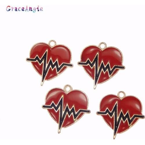 GraceAngie 10pcs Heart ECG Pendant Enamel Jewelry Findings Alloy Red Heart Charms Medical ECG Enamel Charms For