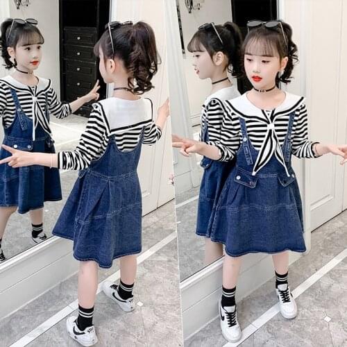 Childrens Clothing Sets Baby Girls Autumn Clothes Striped T Shirts Tops+Denim Straps dress Sets Bib Skirt Outfit for 3-12t Kids