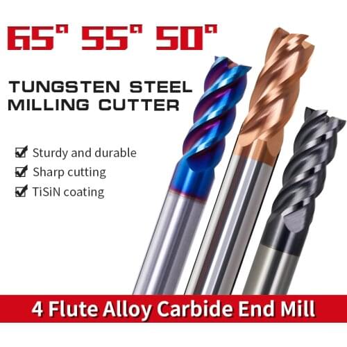 AUGT HRC55 65 50 Cnc Carbide End Mills Tungsten Steel Milling Cutter 4Flute Metal Key Seat Face Router Bit Tools 6 8 10mm Shank