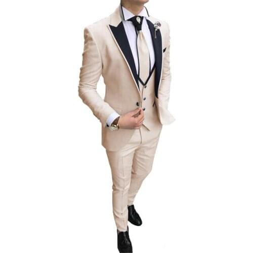 Handsome Classic Beige Peaked Lapel Wedding Suit For Men Groom Costume 3 Piece Jacket Vest Pants Custom Made Tuxedo Party Blazer
