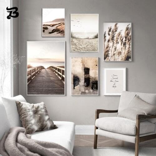 Beautiful Natural Scenery Canvas Painting Nordic Landscape Grass Bridge Beach Sunset Wall Art Posters and Prints for Living Room