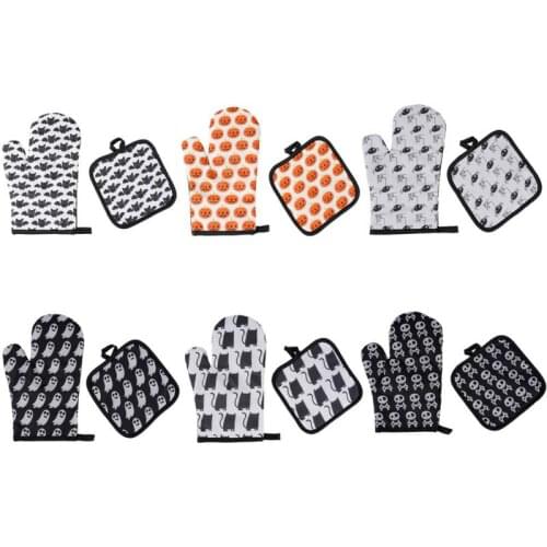 2-piece Set Microwave Oven Gloves Halloween Pattern Heat Insulation Mitts Thickened Kitchen Cooking Anti-scald Gloves Bakeware