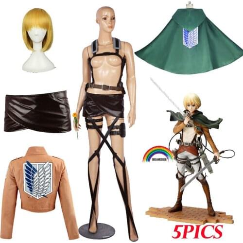 New Fashion 5 PICS Attack On Titan Armin Arlert Recon Corps Harness belt hookshot Short Yellow Wig Cap Adjustable Belts DROP