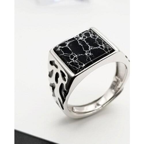BOCAI New 100% s990 Silver Jewelry 2021 Trend Fashion Inlaid Black Turquoise Retro Adjustable Man Ring