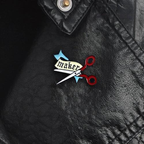 Scissors Making Brooch Ribbon Letters Blue Ribbon Button Enamel Pin Enamel Brooch Pin Badge Hat Jeans Collar Clothes Decor