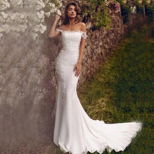 Sexy Mermaid Wedding Dresses Off The Shoulder Satin Lace Appliques Square Collar Country Style Bridal Gowns Vestido De Novia New
