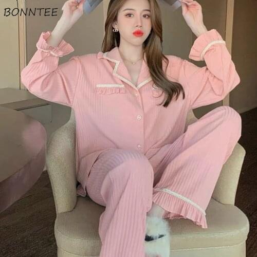 Pajama Sets Women Autumn Korean Style Full Length Sexy Female Casual Homewear Cozy Nightwear Loose Popular Solid Vintage Chic