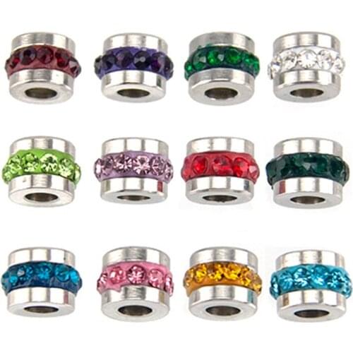 Simsimi 60pcs (Jan-Dec. 12x5pcs) zodiac Birth lucky stones 12 colors charm 6mm slide charm bead stainless steel jewelry mix