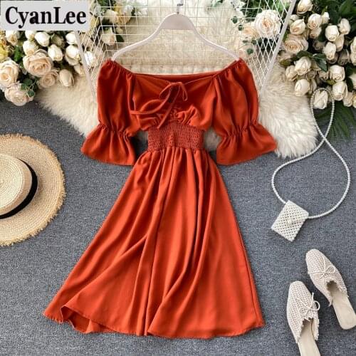 Cyanlee Vintage Sexy Off Shoulder Summer Short Drawstring Dress Vestido De Festa Women Dress Party A-Line Elastic Waist Dresses