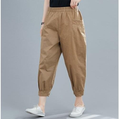 Plus Size Casual Pants Women Thin Ankle-Length Harem Pants 2021 New Summer Elastic Waist Loose Women Cotton Linen Pants