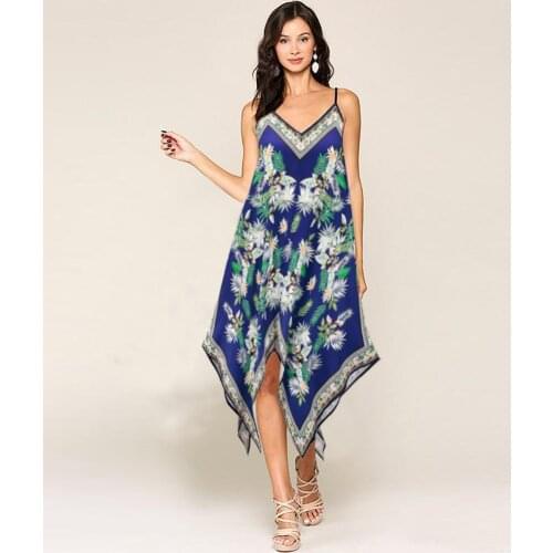 Women Camisole Dress with Flower Print, Sexy V-neck Sexy Style Bohemia Summer Clothing