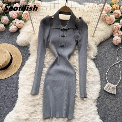 Seoulish New 2021 Autumn 2 Pieces Womens Dresses Sets Knitted Tracksuit Short Tops+Strapless Knitting Wrap Dresses Lady Suits