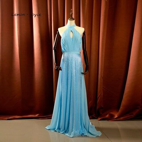 Lemonjoyce Sky Blue Sexy Evening Dress 2020 New Style Top Pleat Beading Skirt With Drape Backless Lady Prom Party Gown