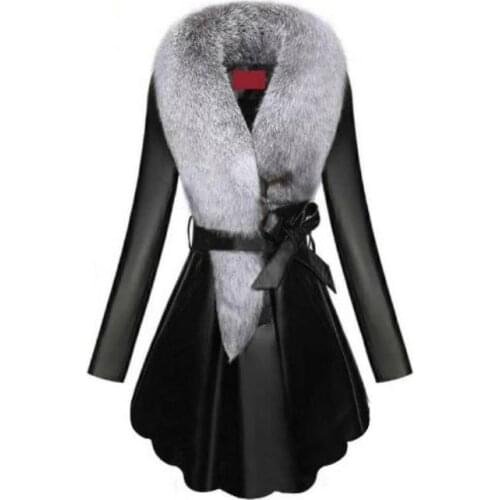 Plus size 9XL!Big Collar patchwork Overcoat Womens Winter New Coat long Sleeve Female Jackets PU Leather jacket faux fur Coats