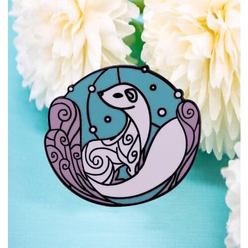 Snow Mink in Winter - Nordic Enamel Pin Tranquil Forest Animal Brooch Inspired by viking shield patterns & Norway rose painting