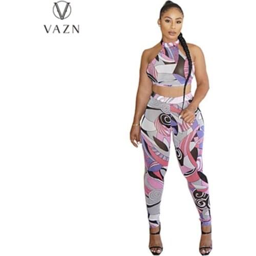 VAZN 2021 INS Wind Fashion Bandage Shinny Halter Print Regular Elegant Sleeveless Long Pant Slim Women 2 Piece Set