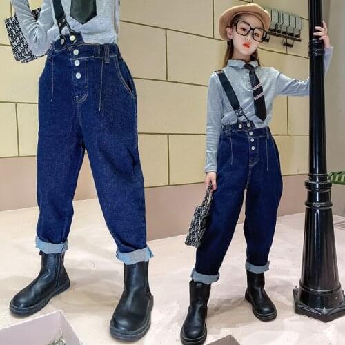 Cowboy Children Pants Girls Jeans Removable strap Denim pants Blue Irregular High waist Casual Harem Pants Kids Clothes Jeans 8y