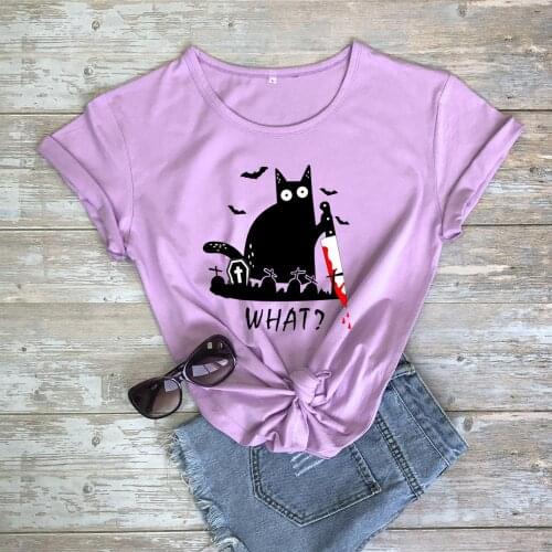 Colored what! Cat with knive and Halloween bats T-Shirt 100% Cotton funny women graphic grunge art Fashion casual tshirt top tee