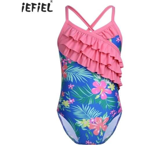 Kids Girls One-piece Spaghetti Shoulder Straps Floral Printed Ruffles Swimsuit Swimwear Bathing Suit Children Set SZ 12 Months-8