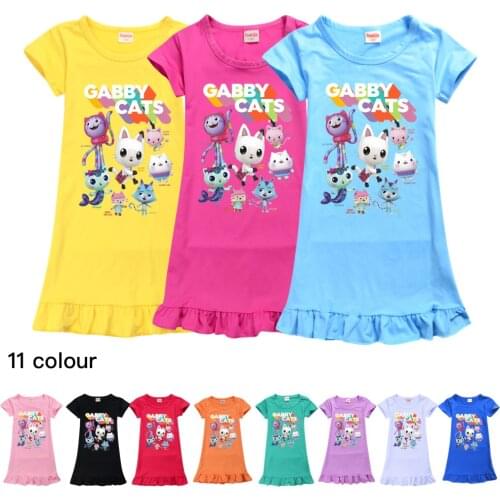 Gabby Cats Dress Girls Nightdress Clothes Summer Cartoon Nightgown Childrens Clothing Short-sleeved Pajamas Dress Kids Homewear